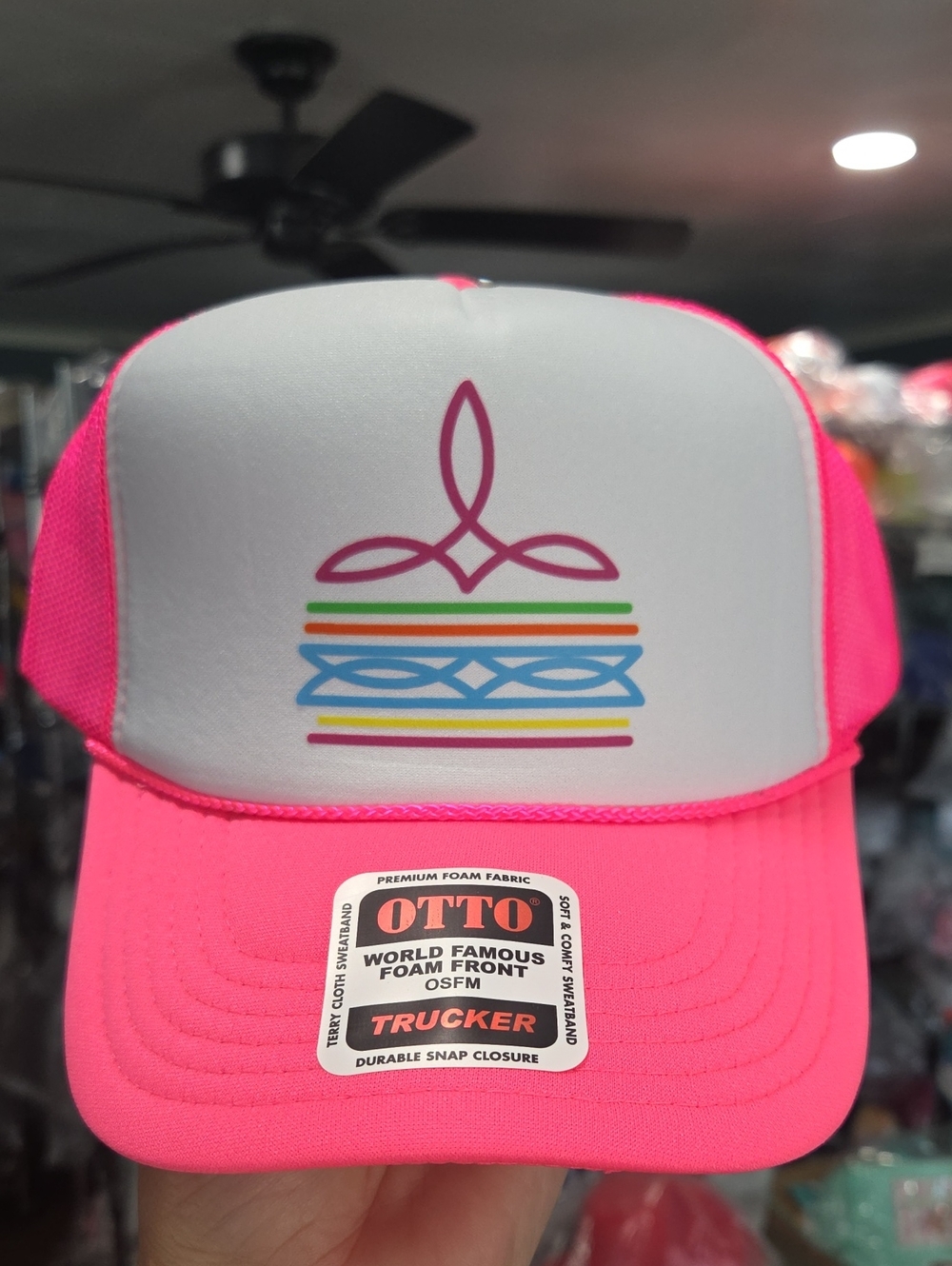 OTTO Boot Stitch Pink and White Trucker Hat with Multicolor Stripe Logo